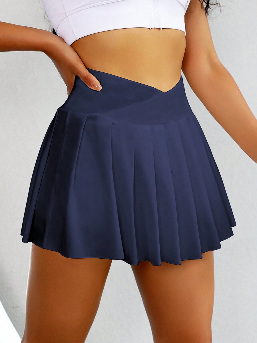 Wide Waistband Pleated Sports Skort With Phone Pocket SHEIN USA