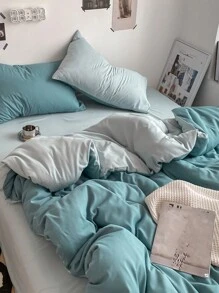 3 件蓝色宿舍/卧室床上用品套装 - 1 个羽绒被套，2 个枕套，超柔软，可机洗，无需填充 - 藍色 - 查看 2