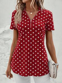 SHEIN Clasi Women's Polka Dot Print Half Zip Spring Blouse