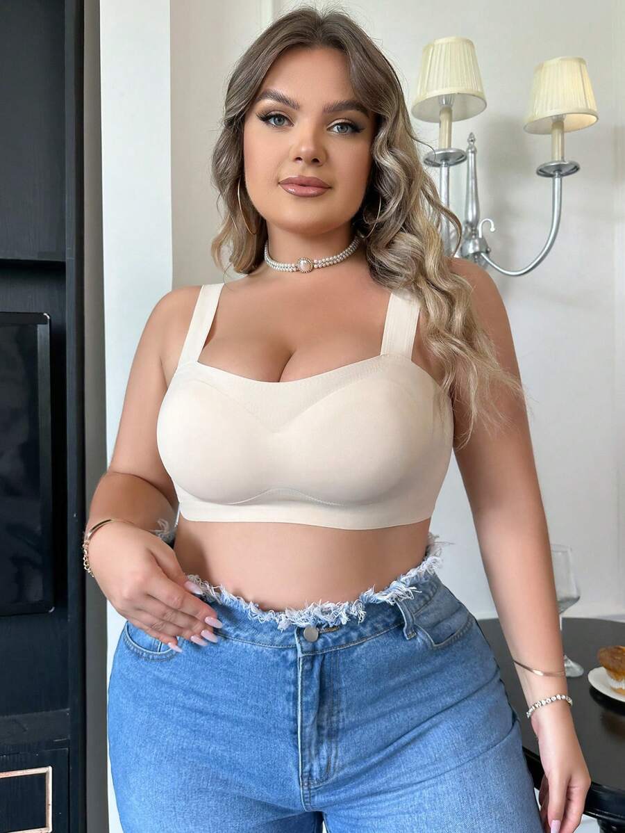 Của phụ nữ Kích thước lớn Liền mạch Màu thuần Bras - Màu be - Xem 1