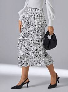 SHEIN Privé In ấn Nhiều lớp Viền Ruffle Váy - Đen và trắng - Xem 3