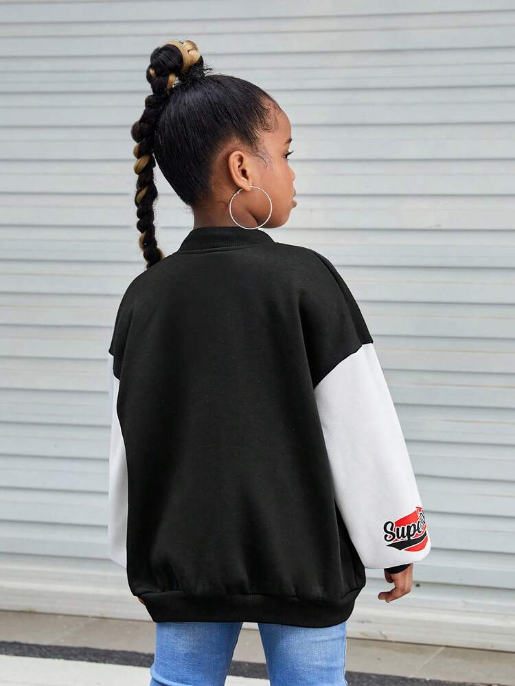 Tween Girl 1pc Letter Graphic Colorblock Drop Shoulder Bomber Jacket