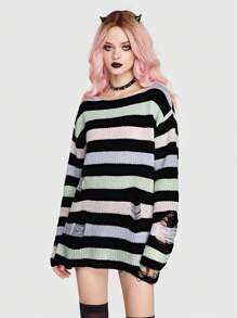 ROMWE Goth 條紋圖案破洞落肩袖套頭毛衣 - 彩色 - 查看 5