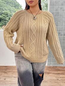 Flirla Plus Cable Knit Raglan Sleeve Sweater - Apricot - View 4