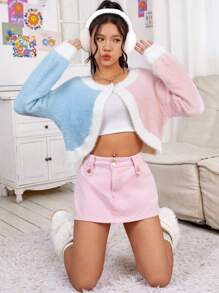 SHEIN EZwear 雙色毛茸茸開襟衫