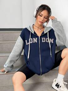 SHEIN EZwear Đồ họa Chữ cái Khối màu Thả vai Hoodie - Màu xanh hải quân - Xem 6