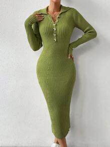 Chiquease Ladies áo len váy Gân đan Nút phía trước màu trơn Thanh lịch - màu xanh lá - Xem 5