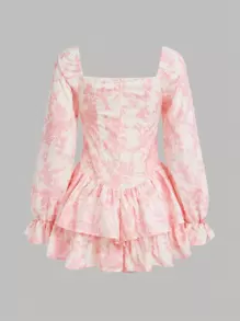 SHEIN Leap Crew 青少年女孩印花荷葉袖層疊下擺洋裝 - 彩色 - 查看 2