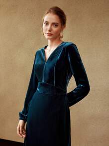 MOTF PREMIUM Cổ v Phù hợp thường Đầm - Màu xanh ngọc - Xem 3