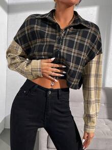 SHEIN Essnce 格紋印花落肩袖襯衫 - 彩色 - 查看 7