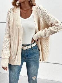 SHEIN LUNE 插肩袖前紐扣網眼針織開襟衫 - 杏色 - 查看 5