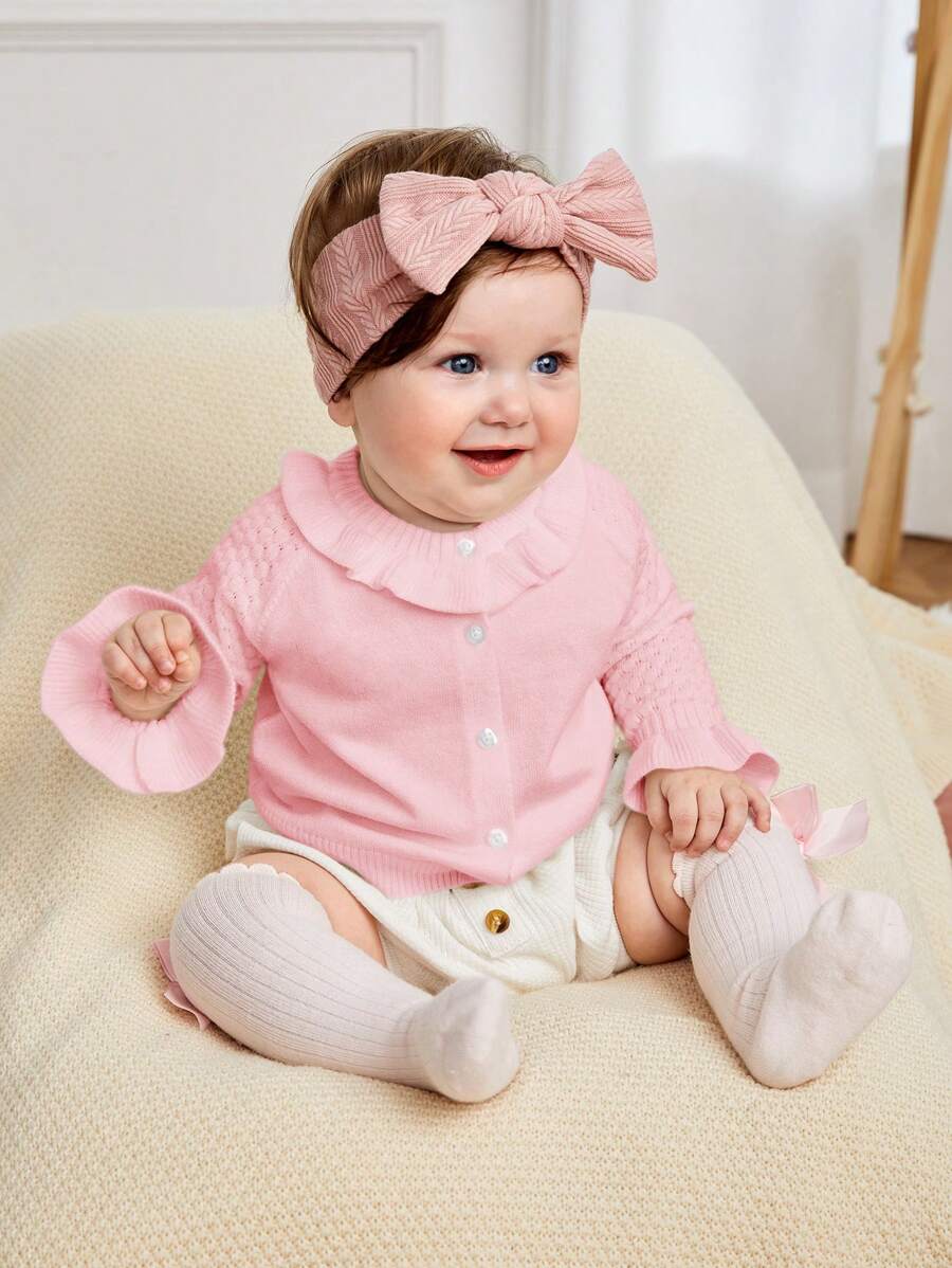SHEIN Baby Girl Ruffle Trim Button Front Cardigan - Baby Pink - View 1