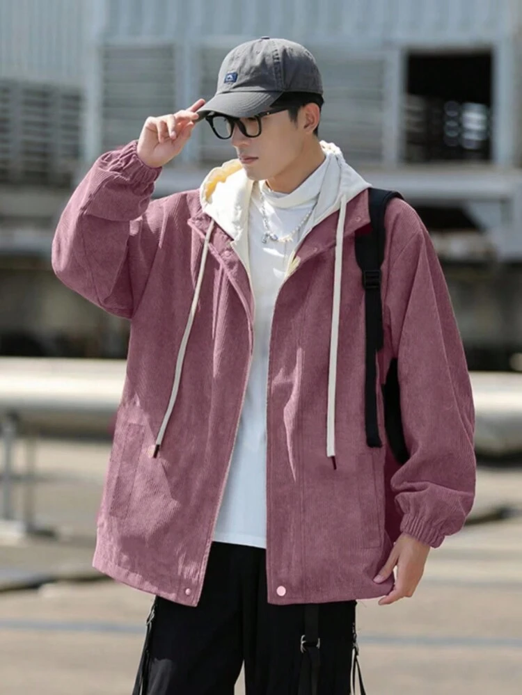 Men's Oversized Corduroy Jacket With Drawstring Hood And Zipper Closure