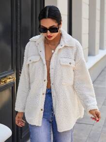 EURMUSE Flap Pocket Drop Shoulder Teddy Coat - Beige - View 3