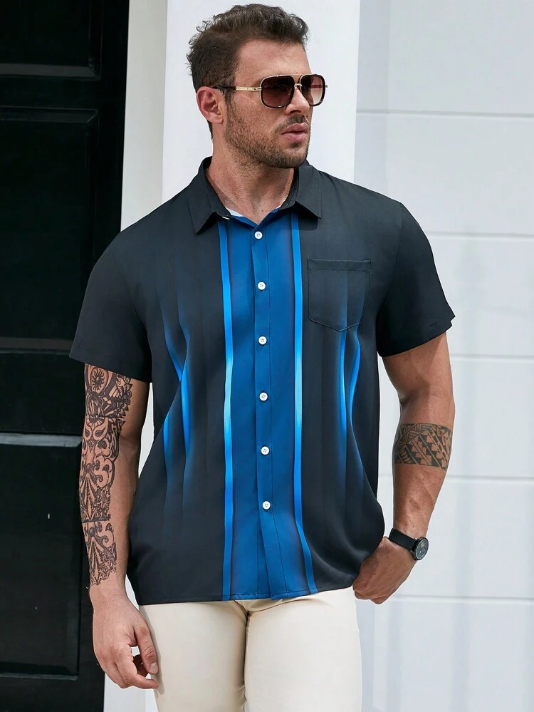 Men Plus Colorblock Pocket Patched Shirt