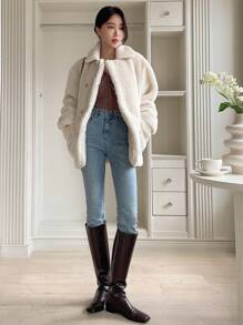 DAZY Áo khoác nữ Teddy hai túi cài hai hàng khuy, Quần áo nữ mùa thu - Màu be - Xem 6