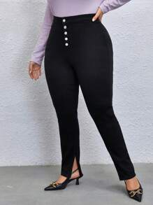 SHEIN Essnce 大碼紐扣門襟下擺開叉緊身牛仔褲 - 黑色 - 查看 5