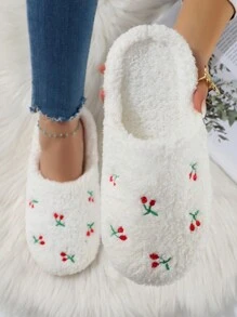 可爱刺绣水果毛绒保暖家居拖鞋，安静室内地板袜，女士秋冬款 - 白色 - 查看 3