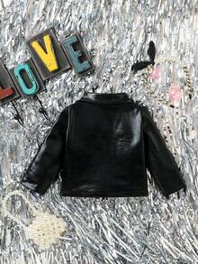 SHEIN 女嬰拉鏈門襟PU皮革夾克 - 黑色 - 查看 2