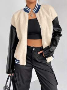 SHEIN Unity Colorblock Drop Shoulder Teddy Bomber Jacket - Multicolor - View 4