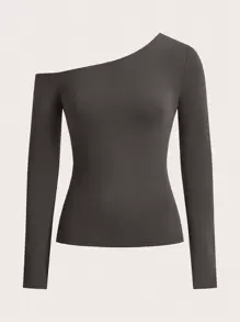 SHEIN BASICS 素色不對稱領T恤