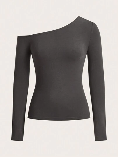 SHEIN BASICS 素色不對稱領T恤