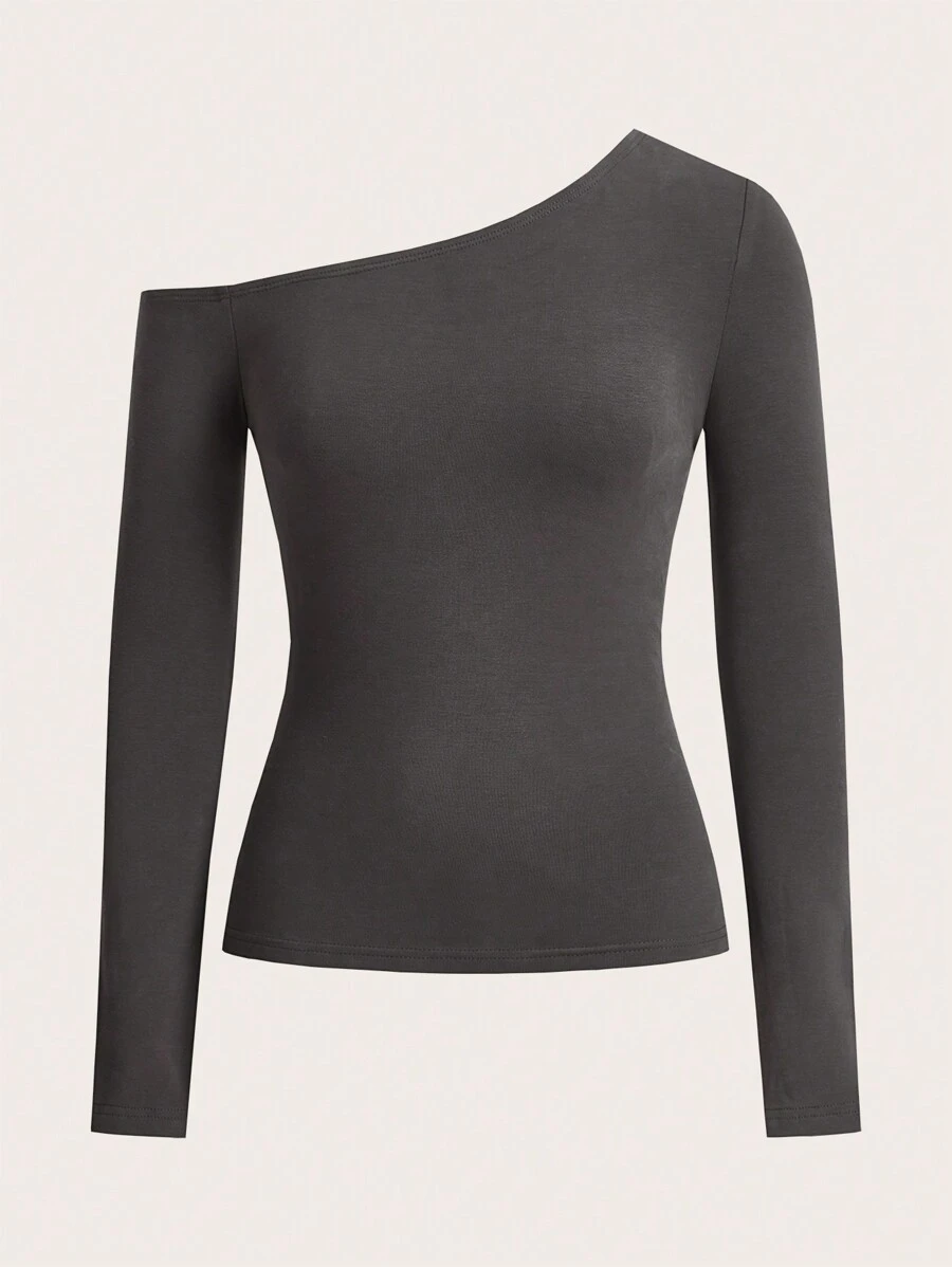 SHEIN BASICS 素色不對稱領T恤