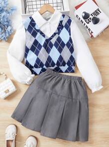 SHEIN 女大童菱形印花假兩件襯衫&百褶半身裙 - 彩色 - 查看 1