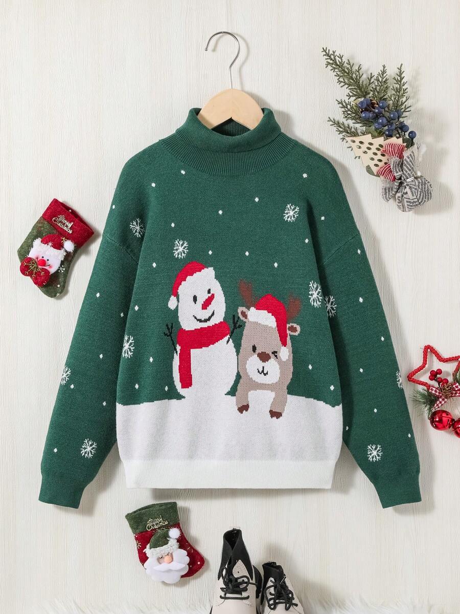 SHEIN 女大童聖誕圖案高領落肩毛衣 - 墨綠色 - 查看 1