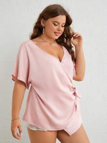 SHEIN Clasi 大碼蝙蝠袖側打結圍裹女士襯衫 - 淺粉色 - 查看 3
