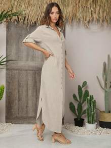 SHEIN LUNE 捲邊袖前紐扣襯衫洋裝 - 杏色 - 查看 3