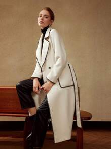 MOTF PREMIUM BELTED WOOL-BLEND CONTRAST STITCH COAT - Beige - View 7