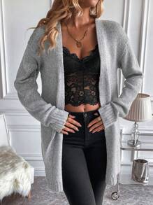 EMERY ROSE Drop Shoulder Casual Design Cardigan,Long Sleeve Tops Fall Winter Cloth For Women - Grey - View 4