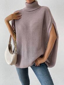 SHEIN LUNE 高領蝙蝠袖針織斗篷 - 卡其色 - 查看 1