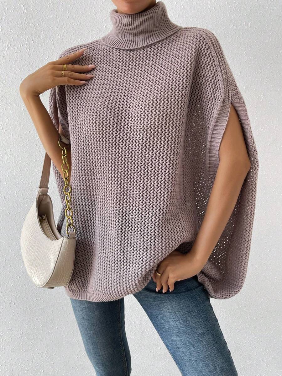 SHEIN LUNE 高領蝙蝠袖針織斗篷 - 卡其色 - 查看 1