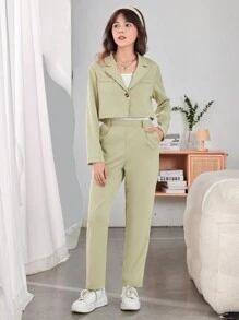 青少年女孩西裝領西裝外套和褲子不帶T恤 - 薄荷綠 - 查看 4