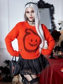 PUNK Áo len chui đầu vai rớt họa tiết Halloween, thích hợp cho mùa thu đông. - trái cam - Xem 3