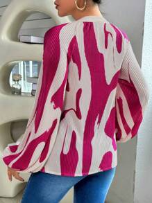SHEIN Essnce Graphic Print Tie Neck Lantern Sleeve Blouse - Hot Pink - View 2