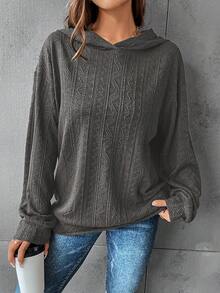 SHEIN LUNE Solid Drop Shoulder Hooded Sweatshirt - Dark Grey - View 5