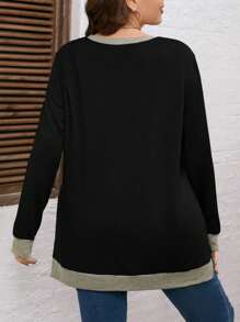 SHEIN LUNE Plus Contrast Trim Split Hem Sweatshirt - Black - View 2