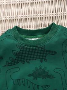 SHEIN Young Boy Dinosaur Print Sweatshirt & Sweatpants - Dark Green - View 4