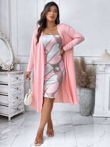 SHEIN LUNE Plus Open Front Coat & Chain Print Tube Dress - Baby Pink - View 5