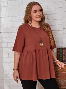 EMERY ROSE Plus Ruffle Hem Solid Top - Burnt Orange - View 1