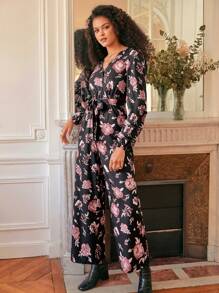 SHEIN Frenchy Floral Print Lantern Sleeve Belted Jumpsuit
