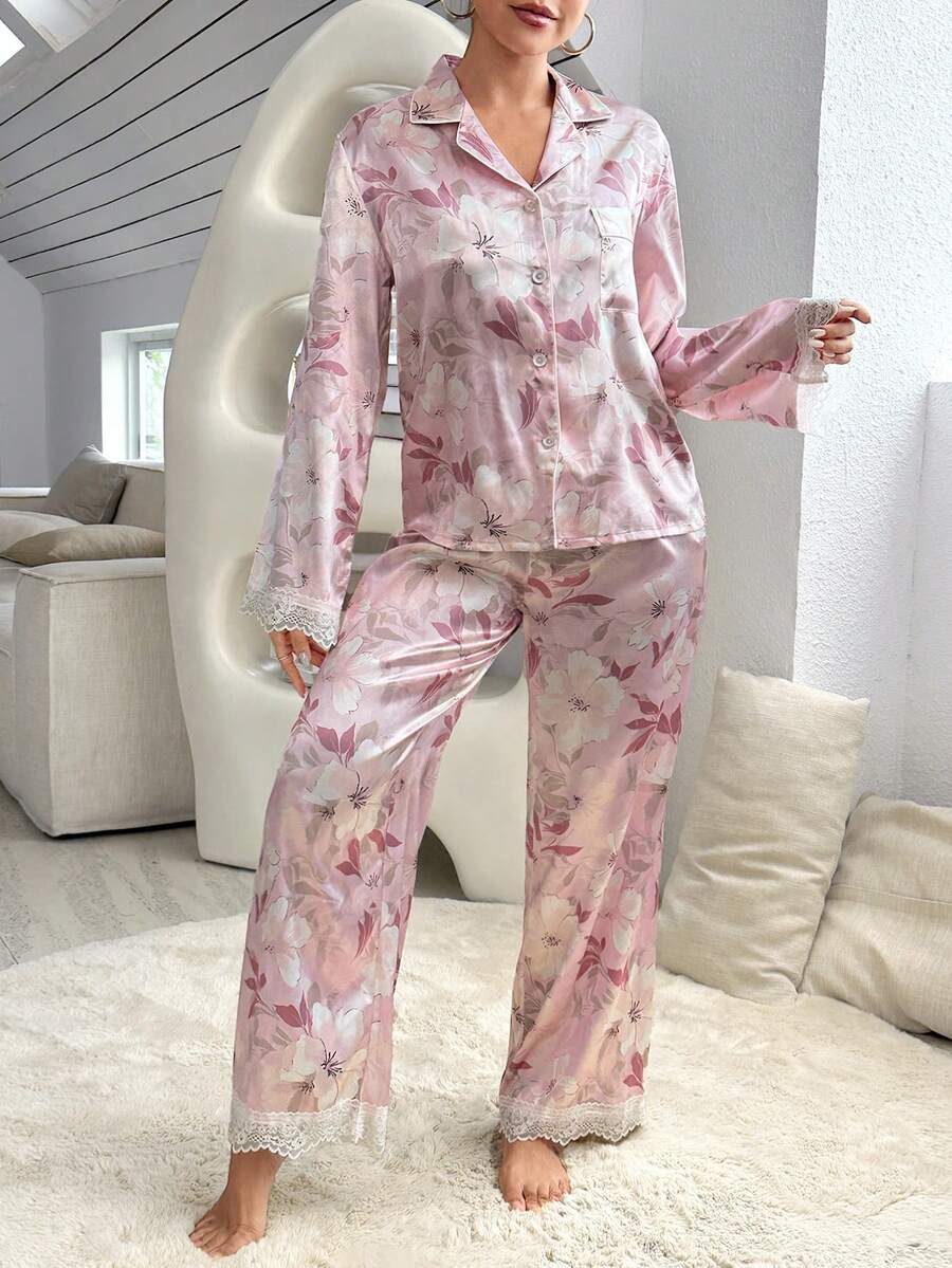 印花蕾絲拼接緞面睡衣套裝 - 粉色 - 查看 1