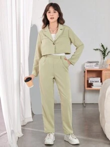 青少年女孩西裝領西裝外套和褲子不帶T恤 - 薄荷綠 - 查看 5