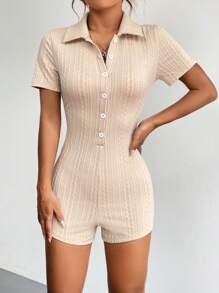 SHEIN Privé Nút phía trước Đồ đan Ribbed Quần áo nịt Romper - Màu be - Xem 4