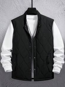 Manfinity Hypemode 1件男士寬鬆鈕扣背心棉絨夾克 - 黑色 - 查看 3