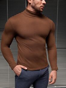 GENTILAND Hombres Camiseta unicolor cuello alto - Café integral - Ver 3
