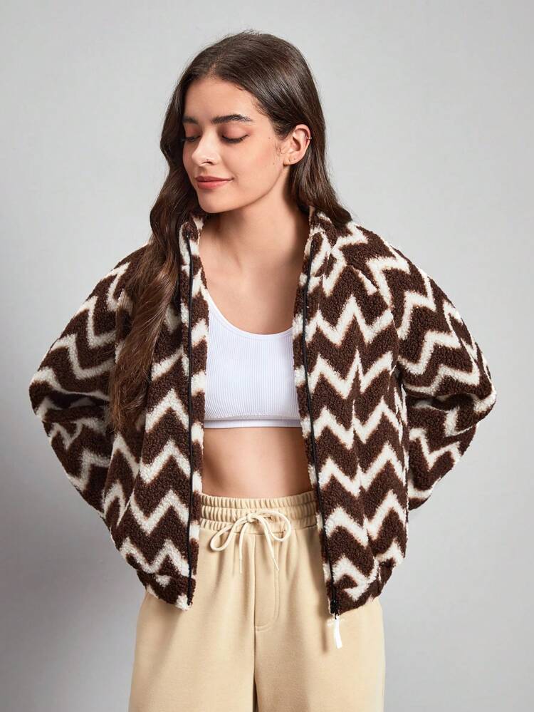 Chevron Print Zip Up Fleece Coat